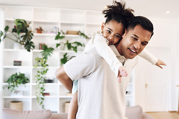 Image showing Father, daughter and family home for a piggyback, love and care in the living room while happy. Man and a happy girl child together for bonding, trust and security or quality time and support