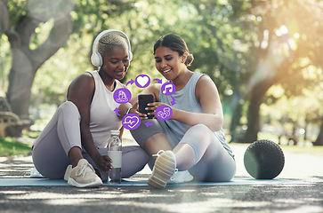 Image showing Smartphone, app icons and fitness with women and yoga with exercise application for weightloss. Social media, overlay and health with pilates, headphones and music with friends, real and plus size