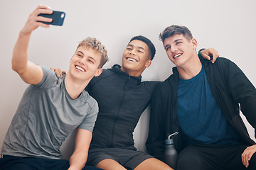 Image showing Fitness, men and group selfie of friends for social media, workout and exercise goals of healthy training. Sports, diversity and happy guys take photograph with smile, motivation or community support