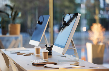 Image showing Call center, computer and crm headphones with no people in office for web consulting. Contact us, customer service and operator agency with online tech for consultant business and life insurance