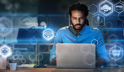 Image showing Black man in business, app icons with laptop and digital transformation, information technology and global network. Hologram, 3D and overlay with wifi, software and futuristic with cloud computing