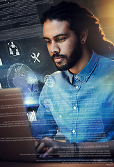 Image showing Black man, coding and global network with icons, laptop and app with digital transformation and overlay. IT, cyber with programming and software update with Earth hologram, 3D and cloud computing