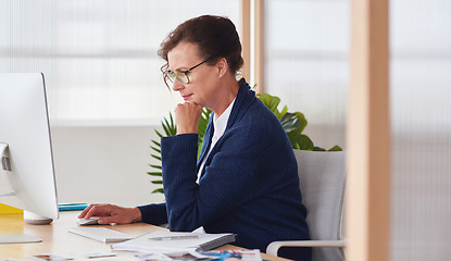 Image showing Serious, computer or graphic designer senior woman planning for creative search, web strategy or branding in office. Startup or employee at desk working on SEO transformation calendar schedule agenda