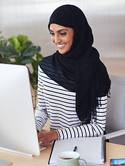 Image showing Happy, computer or graphic designer Muslim woman planning for creative search, website strategy or branding in office. Startup or employee at desk working on SEO transformation, typing email or idea