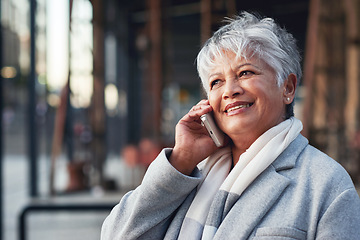 Image showing City, phone call and happy, mature woman or lawyer outside law firm in discussion on legal advice. Ceo, manager or boss with communication, smile and 5g smartphone, crm or networking conversation.