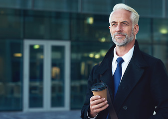 Image showing Mature businessman, thinking and coffee in city for corporate management, leadership and travel. Male boss in urban street with vision, mission and mindset for motivation, trust and executive ideas