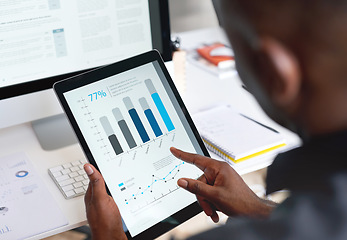 Image showing Search, data analysis or black man hands on tablet in digital agency for company growth, strategy review or KPI graph chart in office. Startup worker for SEO analytics or planning company sale report