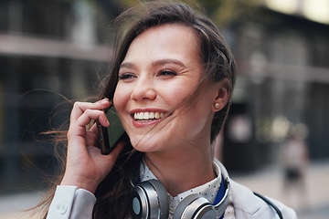 Image showing Phone call, smile and happy business woman outdoor with worker communication and connection. Planning, networking and work conversation of an entrepreneur with blurred background and happiness