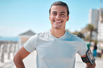 Image showing Fitness, exercise and portrait of man with smile ready to start workout, training and cardio warm up. Sports, motivation mindset and male athlete in Miami for wellness, healthy lifestyle and running