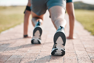 Image showing Fitness, running and shoes of man to start exercise, marathon training and endurance workout. Sports mockup, wellness and feet of male runner ready for race, athlete competition and performance