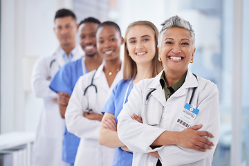 Image showing Medical students group, leader and clinic portrait with happiness, diversity or solidarity for healthcare. Nurse, black man and women for motivation, service or collaboration in hospital for learning