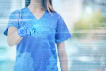 Image showing Woman, doctor and hands with global hologram for futuristic healthcare, life insurance or double exposure mockup. Hand of medical female expert touch 3D map on overlay for future medicare development