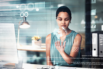 Image showing World, computer and overlay with a business black woman using an ai or ux interface to access the metaverse of data. Digital, future and information with a global network working on a 3d hologram