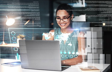 Image showing Laptop, hologram overlay and business woman in office with night dashboard or global map. Futuristic, technology and happy female employee with computer, cyber statistics or graphs, data or 3d charts