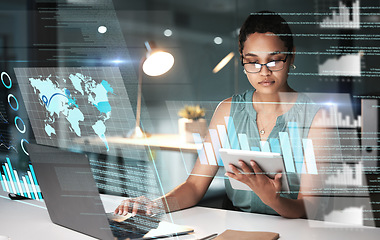 Image showing Tablet, hologram chart and business woman in office with laptop and global map at night. Future, technology and female employee with digital touchscreen, cyber statistics or overlay, graphs or data.