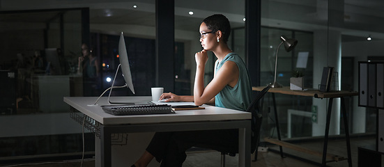 Image showing Computer, thinking and African woman reading finance portfolio, stock market database or ecommerce feedback. Forex investment night, data analysis idea or female trader trading NFT, bitcoin or crypto