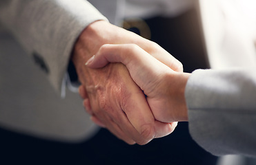 Image showing handshake, contract and deal with people in office for collaboration, teamwork and thank you. Meeting, B2B and welcome with employee shaking hands for partnership, networking and job promotion