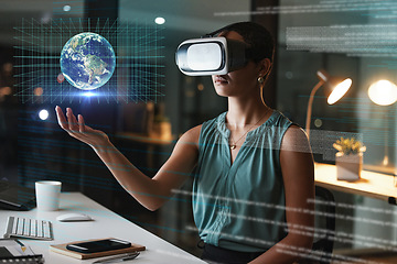 Image showing Vr, 3d earth and business woman in office with global overlay, digital hologram or cyber network at night. Virtual reality, world metaverse and female with holographic future globe for globalization