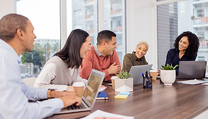 Image showing Funny, collaboration or happy business people in meeting laughing at a joke after planning a group project. Laptop, mission or employees in conversation for our vision, sales strategy or team goals