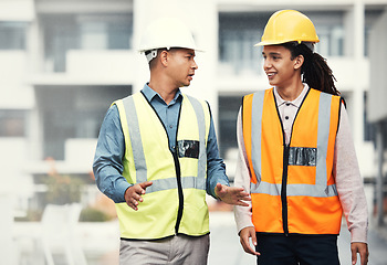 Image showing Teamwork, architecture and talking with people on construction site for project management, building and goals. Designer, collaboration and engineering with contractor for development and industry