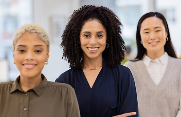 Image showing Black woman, portrait smile and empowerment in leadership, teamwork or vision at the office. Diverse group of happy employee women smiling for career goals, values or proud team at the workplace