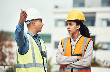 Image showing Supervisor, engineering and angry with people on construction site for project management, building and mistake. Designer, stress and architecture with contractor shouting for review and frustrated