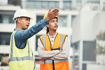 Image showing Teamwork, engineering and talking with people on construction site for project management, building and goals. Designer, collaboration and architecture with contractor for development and industry