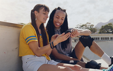 Image showing Relax, phone and search with friends in skate park and sharing social media, news or communication. Technology, smile and internet with black man and woman in outdoors for message, mobile and website