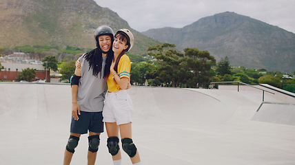 Image showing Urban skate park, laughing portrait and couple of friends with love and freedom outdoor for skating. Summer, gen z and young interracial skater people smile together doing exercise with mock up