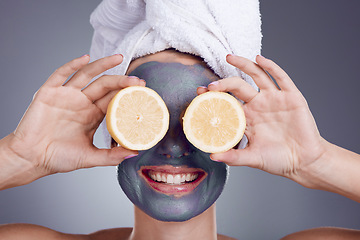 Image showing Lemon, skincare mask and woman with healthy face, beauty makeup and cleaning wellness in studio. Happy female model, citrus fruits and vitamin c for aesthetic facial, glow or dermatology smile