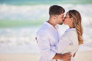 Image showing Mockup, beach or couple love to kiss on holiday vacation or romantic honeymoon to celebrate marriage commitment. Travel, trust or woman bonding, kissing or hugging partner in summer romance at sea