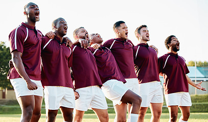 Image showing Rugby, sports and team of men singing for training for a competition or game on a field. Fitness, sport and exercise with athlete group hug for teamwork, support and motivation for World cup match