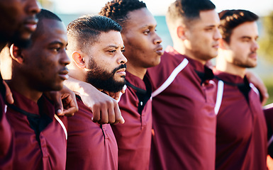 Image showing Rugby, diversity or team with solidarity or support ready for a tournament match event or sports training. Men, fitness or group of male athletes in unity or collaboration for a game in a stadium