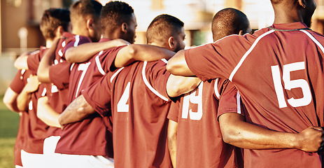 Image showing Sports, men and rugby team hug on field for support, training and fitness exercise. Athlete group people train for teamwork, competition game and diversity with workout and performance in solidarity