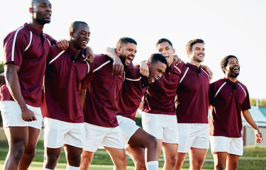 Image showing Rugby, funny or crazy team with motivation, solidarity or support ready for a match or sports training. Happy men, fitness or group of healthy male athletes joke before a game on a grass stadium