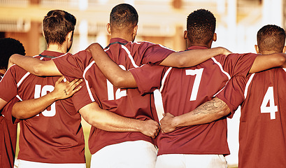 Image showing Rugby, sports and team of men hug for training at competition or game on a field. Diversity, sport and exercise with athlete group with teamwork, support and fitness for match, workout or motivation