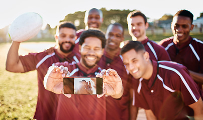 Image showing Portrait, phone and selfie of rugby team on field after exercise, workout or training. Teamwork, sports and group of friends, men or players take pictures for happy memory or social media with mobile