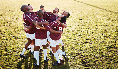 Image showing Fitness, field and group in a huddle with motivation, strategy and coordination after training. Sports, collaboration and team of male athletes in unity before a game or match by a grass stadium.