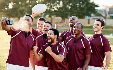 Image showing Sports, celebration and selfie of rugby team on field celebrating exercise goals, workout targets or achievement. Winner, success and group of friends, men and players taking pictures for victory.