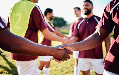Image showing Men, sports and handshake for greeting, introduction or sportsmanship on the grass field outdoors. Sport team shaking hands before match or game for competition, training or workout exercise together