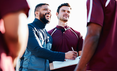 Image showing Coaching, rugby or happy man writing with a strategy, planning or training progress with a game formation. Leadership, mission or funny guy with sports men or athlete group for fitness or team goals