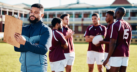 Image showing Coaching, rugby or man writing with a strategy, planning or training progress with a game field formation. Leadership, mission or manager with sports men or athlete group for fitness or team goals