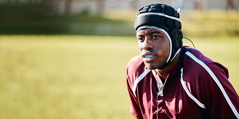 Image showing Sports, rugby and male athlete on field playing or training for game, competition or match. Fitness, African and man football player doing exercise or workout on grass by stadium or arena with mockup