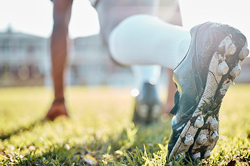 Image showing Runner start, rugby man shoes and sport field with athlete ready for running and workout. Summer, training group and player prepare for fitness and exercise challenge outdoor with blurred background