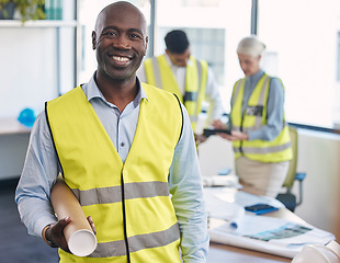 Image showing Black man, architect and portrait smile with blueprint for building or construction plan at the office. Happy African American male engineer or contractor smiling with floor plan for architecture