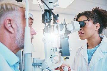 Image showing Consulting, ophthalmology and eye exam with doctor and patient for vision, healthcare and medical. Innovation, optometry or optic test with senior man and black woman for results, advice and study