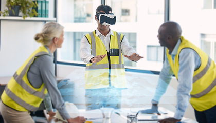 Image showing Architect, building and VR for construction in meeting, team planning or futuristic strategy for project layout at office. Engineer in virtual reality for future architecture or simulation floor plan