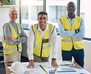 Image showing Team, portrait and engineering management staff with construction gear and project blueprint. Architecture staff, building plans and proud diversity of industrial employees with collaboration
