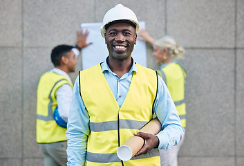 Image showing Black man, architect and portrait smile with blueprint in building or construction plan on site. Happy African American male engineer or contractor smiling with floor plan for industrial architecture