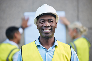 Image showing Black man, architect and portrait smile in building or construction leader with safety hard hat on site. African male engineer or contractor face smiling in leadership for industrial architecture